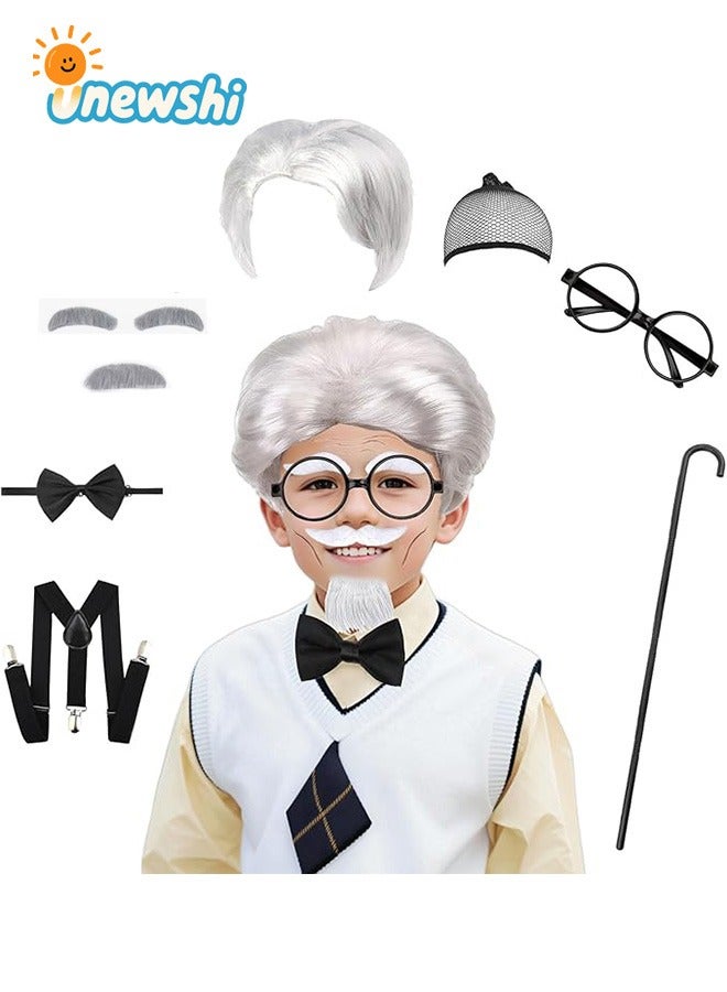 Unewshi Old Man Wig for Boys, Grandpa Costume with Grey Mustache for Kids, 100th Day of School Costume Accessories, Grandpa Costume (White) - Image 1