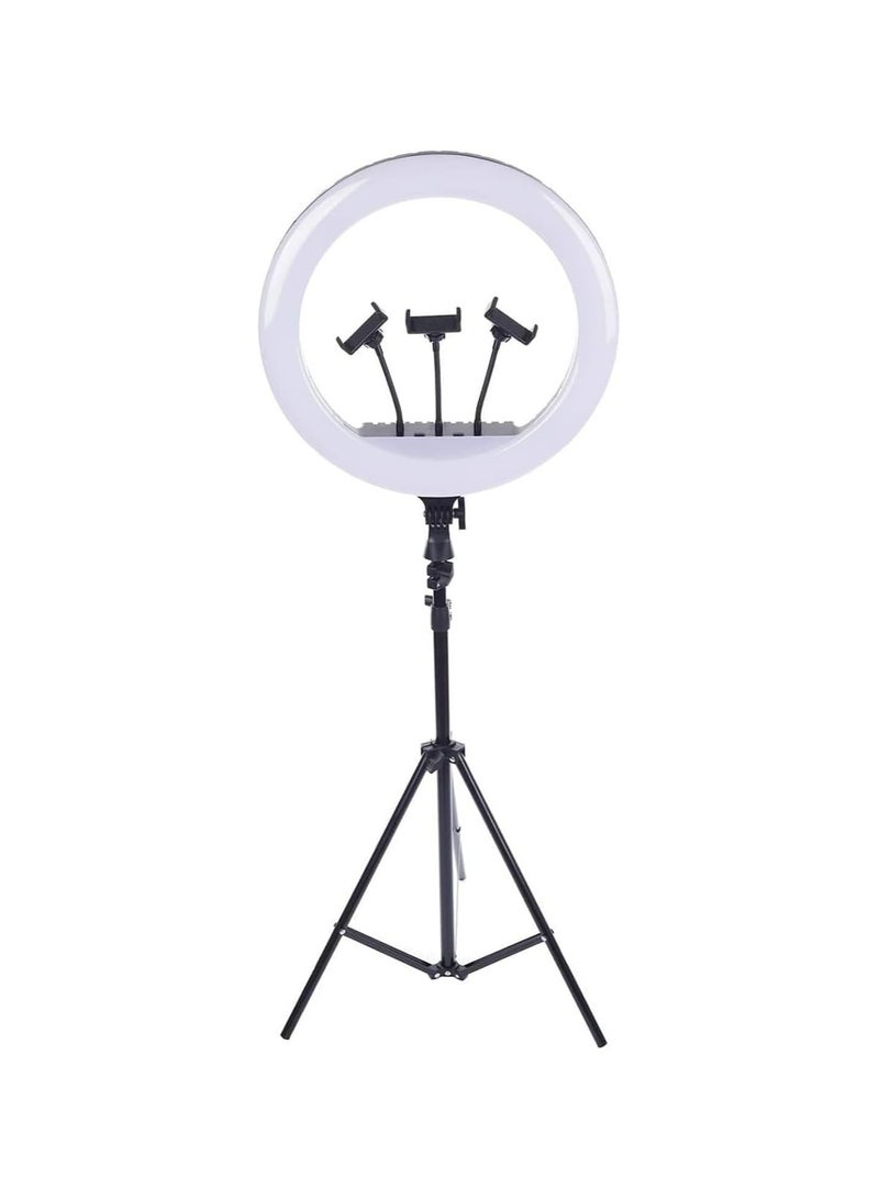 RL-18 LED Ring Light 360° Rotatable for Live Streaming, 2700K-6500K with 3 Phone Holders, Remote Control, 2.1M Stand, 45cm Diameter, Black & White - Image 1