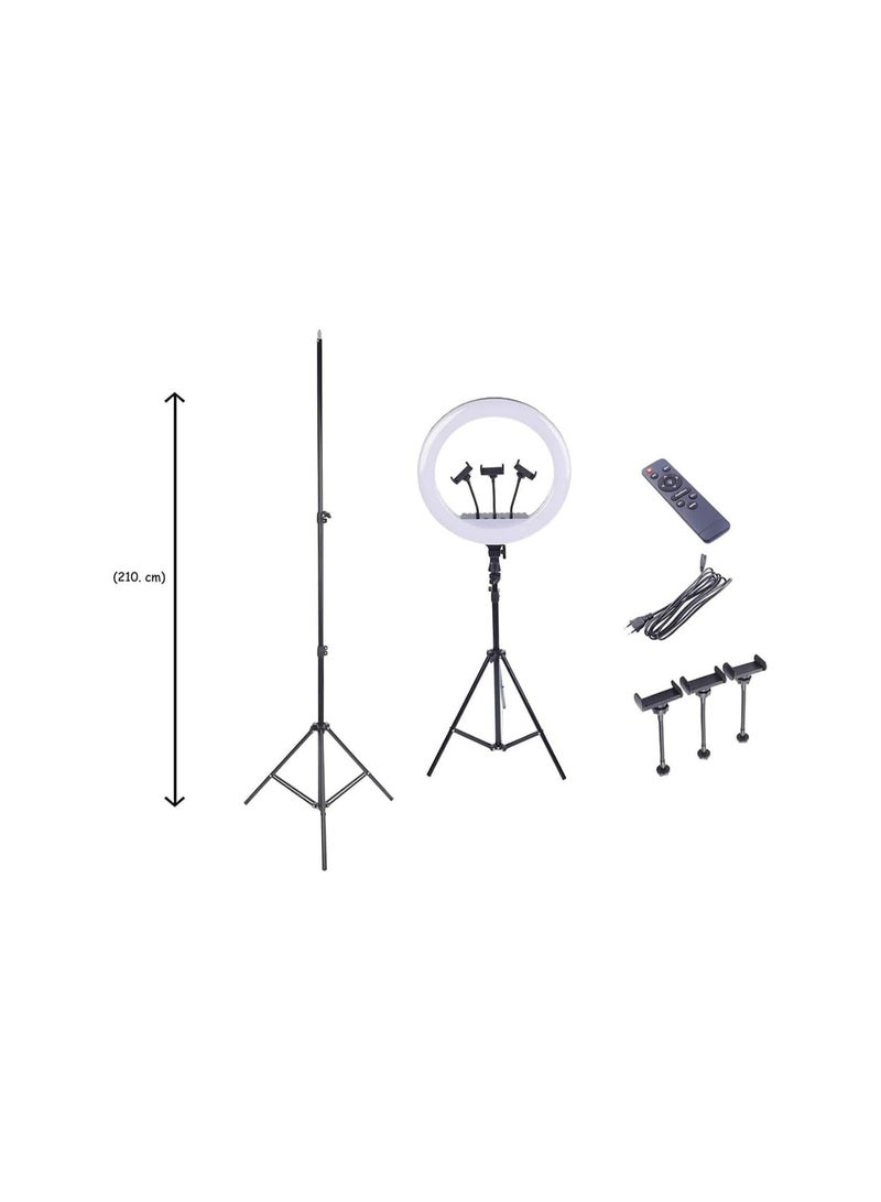 RL-18 LED Ring Light 360° Rotatable for Live Streaming, 2700K-6500K with 3 Phone Holders, Remote Control, 2.1M Stand, 45cm Diameter, Black & White - Image 4