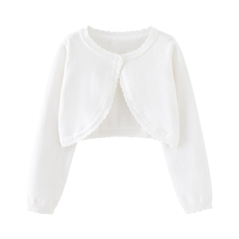 Miccina Girls Long Sleeve Bolero Cardigan Kids Knit Shrug Sweater Toddler Cropped Button Cover Up Jacket Tops White - Image 1