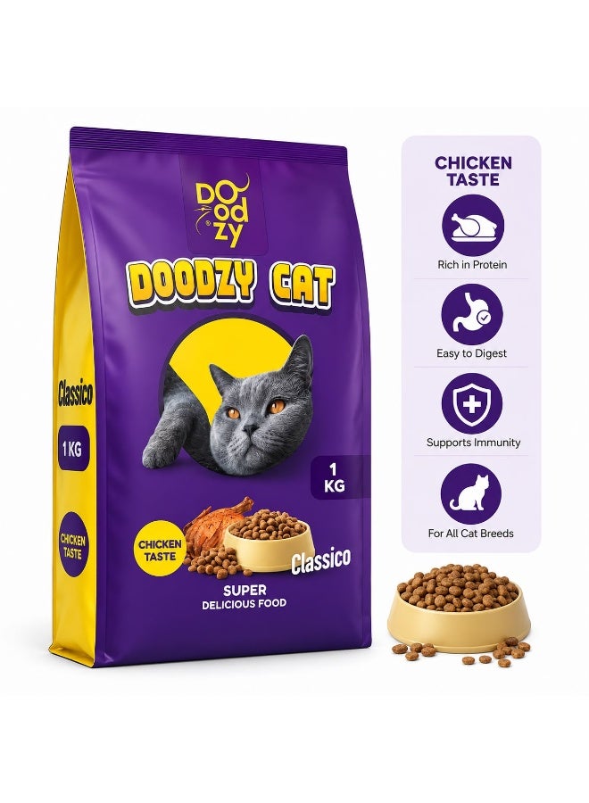 Doodzy Cat Dry Food Classico, Chicken Taste, 1 KG - Image 1