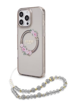 GUESS iPhone 16 Pro Magsafe Case IML Hard Cover with Flower Wreath Design & Pearl Strap / Shock Absorption / Precise Cutouts / Slim and Lightweight Back Cover - Beige  - Image 3