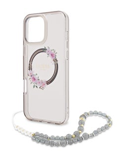 GUESS iPhone 16 Pro Magsafe Case IML Hard Cover with Flower Wreath Design & Pearl Strap / Shock Absorption / Precise Cutouts / Slim and Lightweight Back Cover - Beige  - Image 4