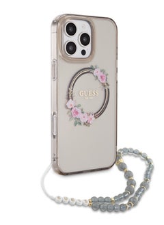 GUESS iPhone 16 Pro Magsafe Case IML Hard Cover with Flower Wreath Design & Pearl Strap / Shock Absorption / Precise Cutouts / Slim and Lightweight Back Cover - Beige  - Image 5