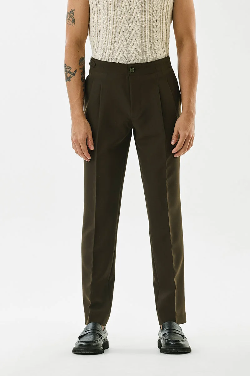 SNITCH Olive Solid Slim Fit Formal Trousers