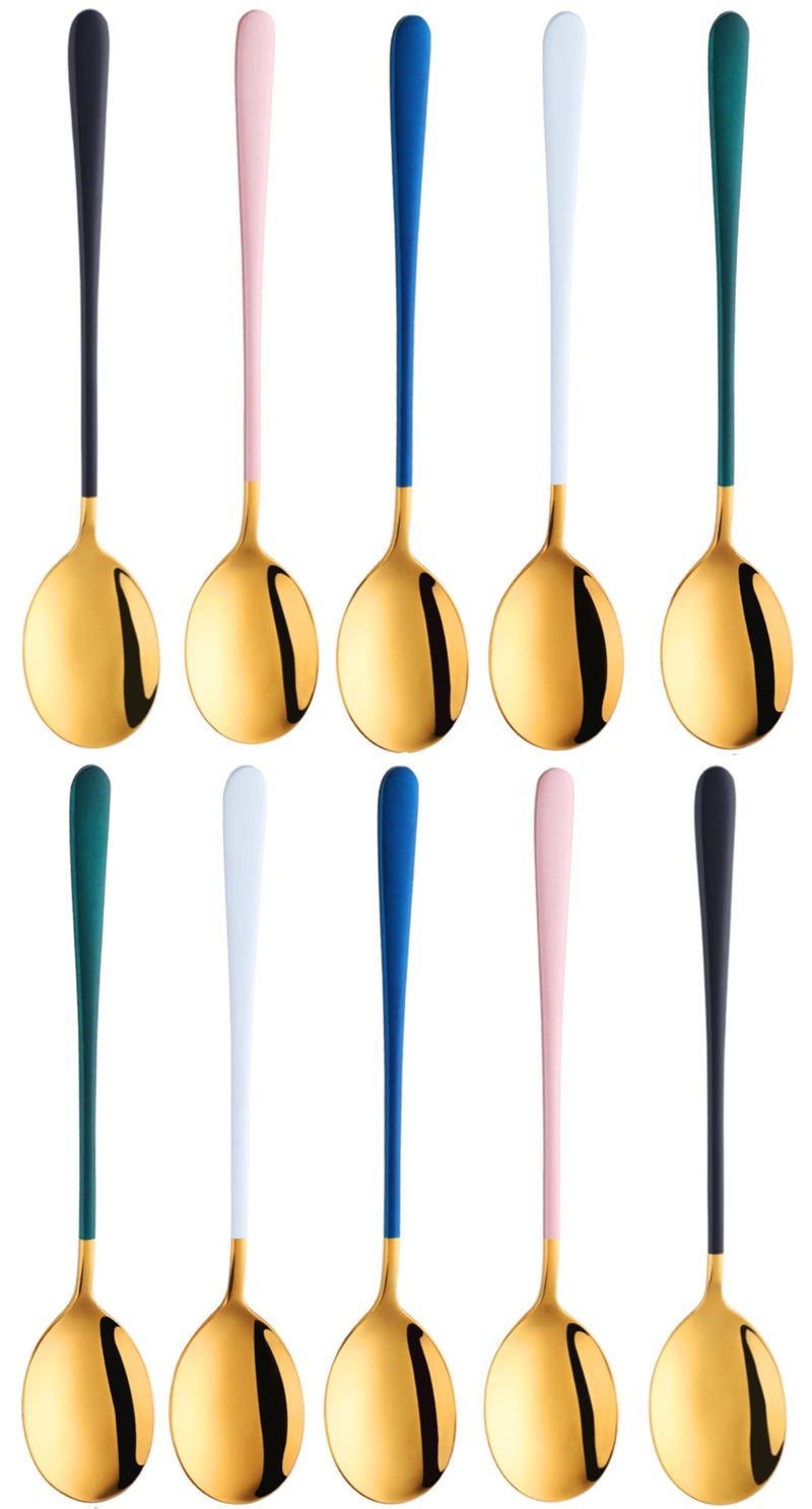 pepplo® 8 Inch Soup Spoons Stainless Steel, Round Head Soup Spoons, Modern Thick Long Handle SUS304 Korean Spoon, Dinner Metal Spoons for Soup, Grain,Dessert,Milk,Tea,Coffee, Set of 10(Gold) - Image 1