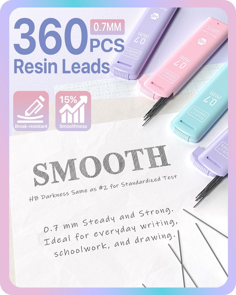 Four Candies Cute Mechanical Pencils 0.7mm, Pencil Set with 360PCS Lead Refills & Pastel Erasers, School Supplies with Case - Image 5