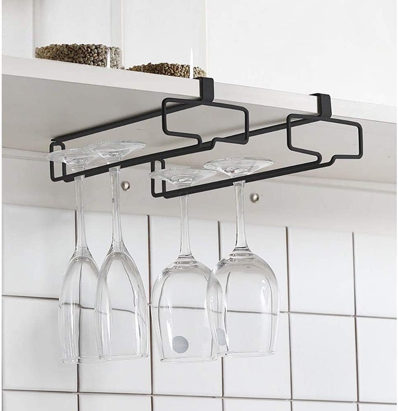YelaJoy Wine Glass Holder 2PCS Stemware Rack Hanger Under Cabinet Wine Glass Rack Kitchen Hanging Glass Storage Rack Organizer,Black