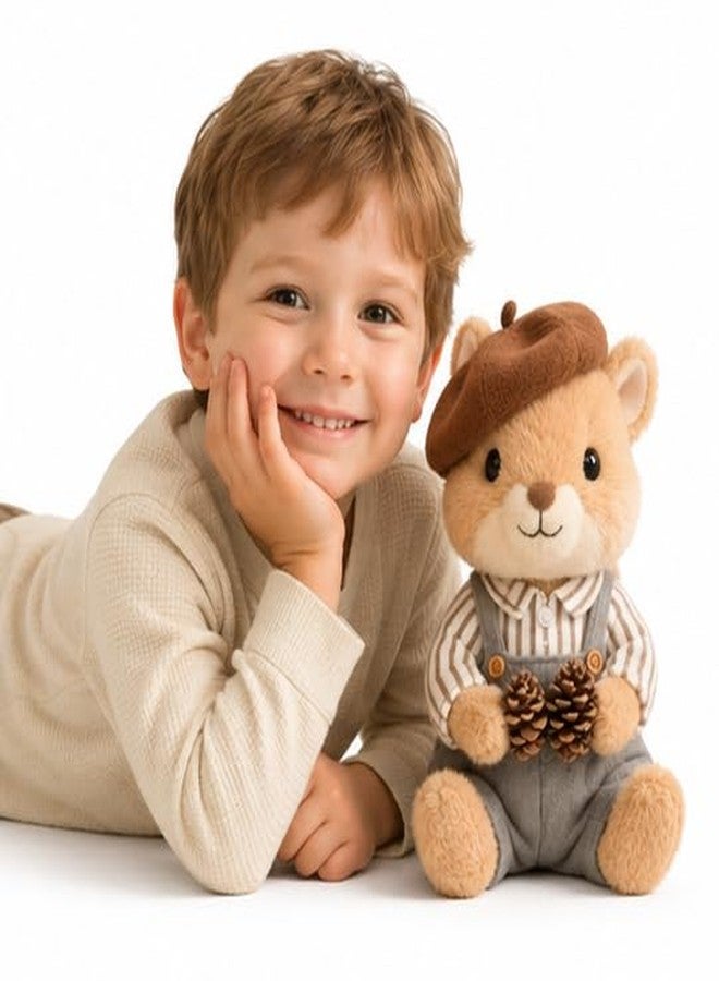 Cuddles Squirrel Soft Toy Plush, Cute Stuffed Animal with Beret Hat and Overalls, Holding Pine Cones Size 30 cm - Image 5