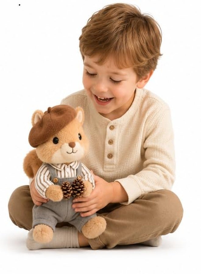 Cuddles Squirrel Soft Toy Plush, Cute Stuffed Animal with Beret Hat and Overalls, Holding Pine Cones Size 30 cm - Image 2