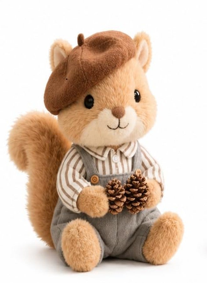 Cuddles Squirrel Soft Toy Plush, Cute Stuffed Animal with Beret Hat and Overalls, Holding Pine Cones Size 30 cm - Image 1