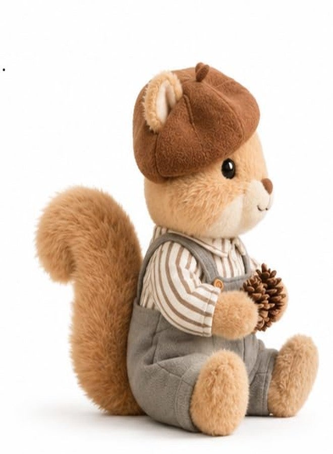 Cuddles Squirrel Soft Toy Plush, Cute Stuffed Animal with Beret Hat and Overalls, Holding Pine Cones Size 30 cm - Image 3