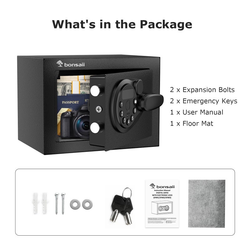 Bonsaii Safe Box with Electronic Keypad, Steel Security Lock Box with Key, 0.23 Cubic Feet, 9.06" W x 6.69" D x 6.69" H, Small Hidden Safe for Cash Jewelry - Image 5