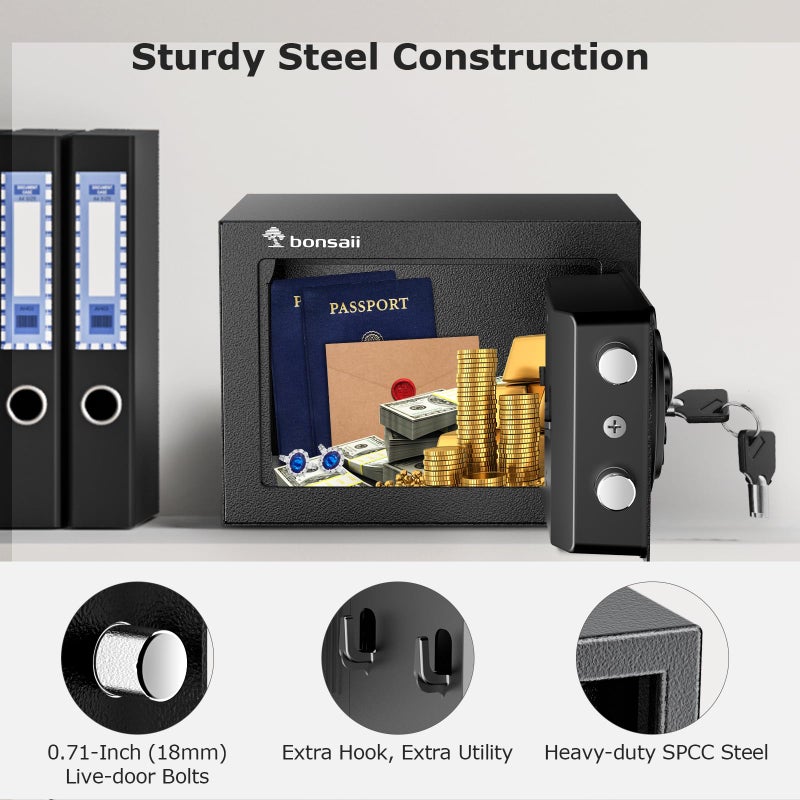 Bonsaii Safe Box with Electronic Keypad, Steel Security Lock Box with Key, 0.23 Cubic Feet, 9.06" W x 6.69" D x 6.69" H, Small Hidden Safe for Cash Jewelry - Image 4