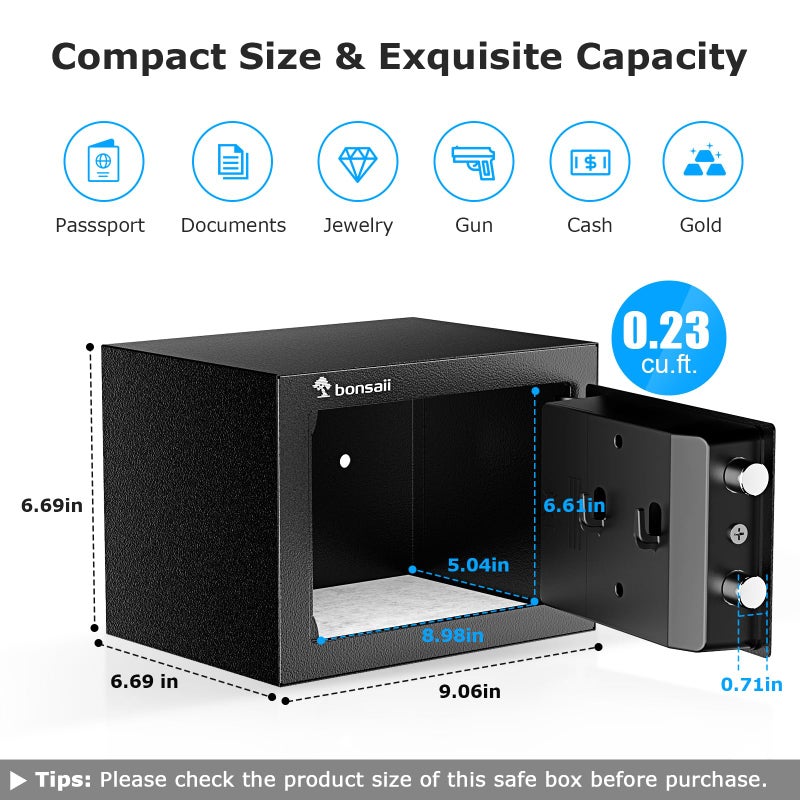 Bonsaii Safe Box with Electronic Keypad, Steel Security Lock Box with Key, 0.23 Cubic Feet, 9.06" W x 6.69" D x 6.69" H, Small Hidden Safe for Cash Jewelry - Image 2