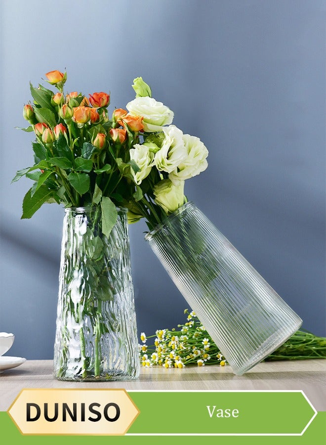 DUNISO 2pc Clear Glass Vase set,Glass Flower Vase for Decor Modern Minimalist Decor, Which one Glacier grain glass vase and Another vertical stripe glass vase Unique Balcony Flowers Container Decor,Vase for Office Decoration, Shelf, Table, Bookshelf  - Image 1