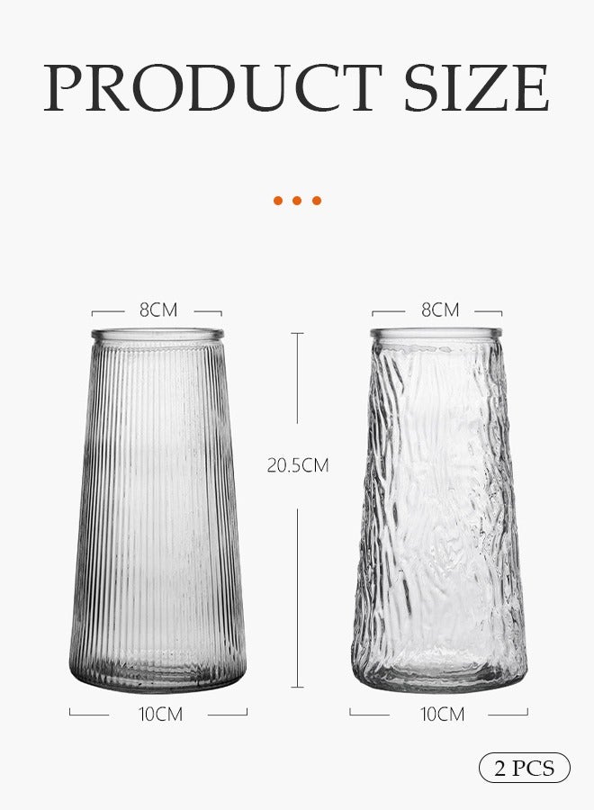 DUNISO 2pc Clear Glass Vase set,Glass Flower Vase for Decor Modern Minimalist Decor, Which one Glacier grain glass vase and Another vertical stripe glass vase Unique Balcony Flowers Container Decor,Vase for Office Decoration, Shelf, Table, Bookshelf  - Image 2