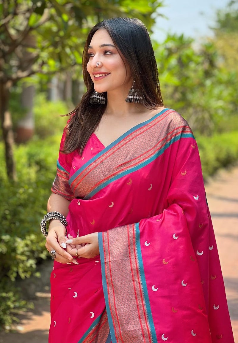 SGF11 Women's Kanjivaram Paithani Soft Silk Saree With Unstitched Blouse Piece (Pink) - Image 3
