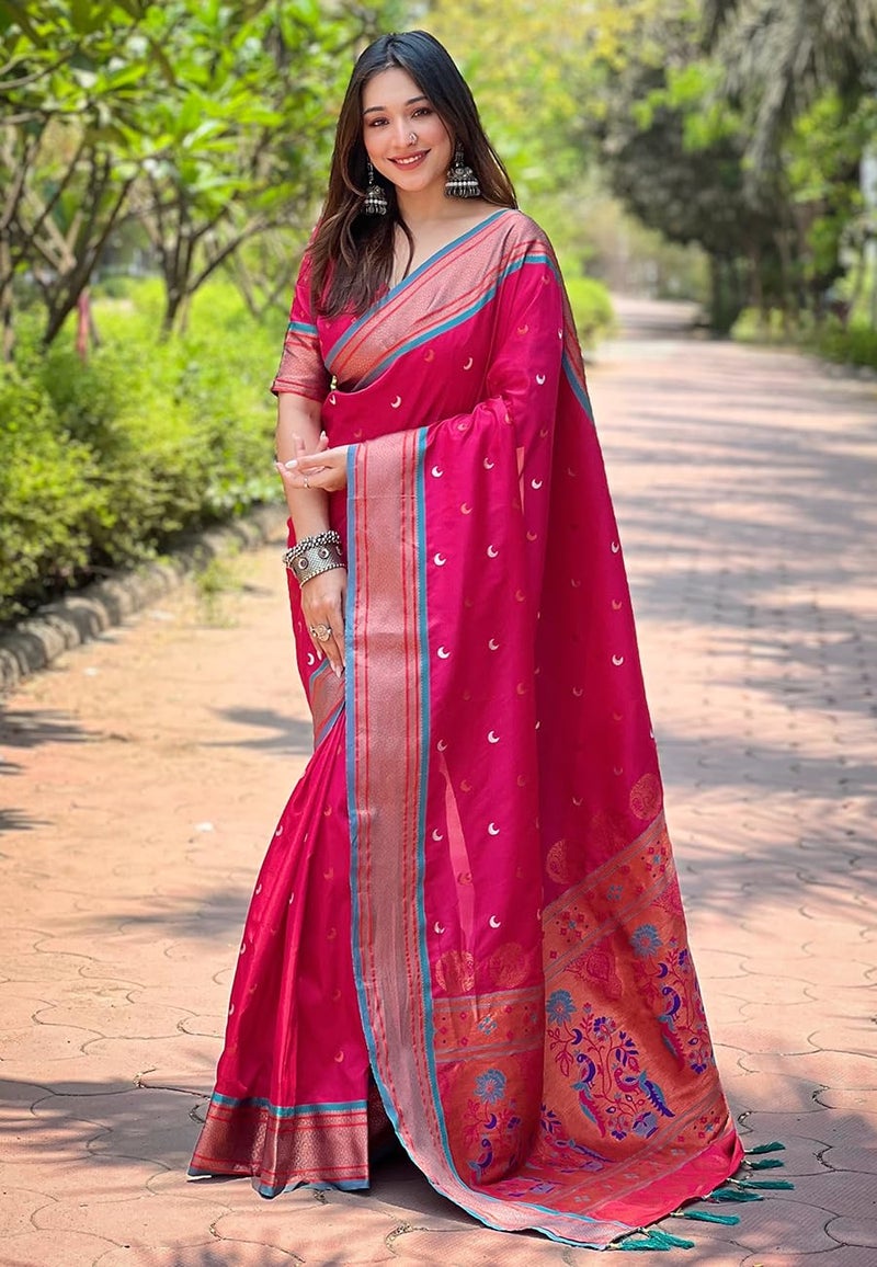 SGF11 Women's Kanjivaram Paithani Soft Silk Saree With Unstitched Blouse Piece (Pink) - Image 2