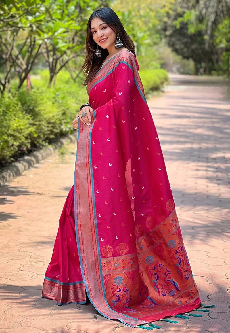 SGF11 Women's Kanjivaram Paithani Soft Silk Saree With Unstitched Blouse Piece (Pink) - Image 4