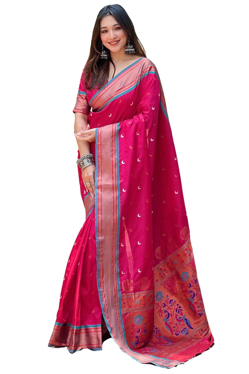 SGF11 Women's Kanjivaram Paithani Soft Silk Saree With Unstitched Blouse Piece (Pink) - Image 5