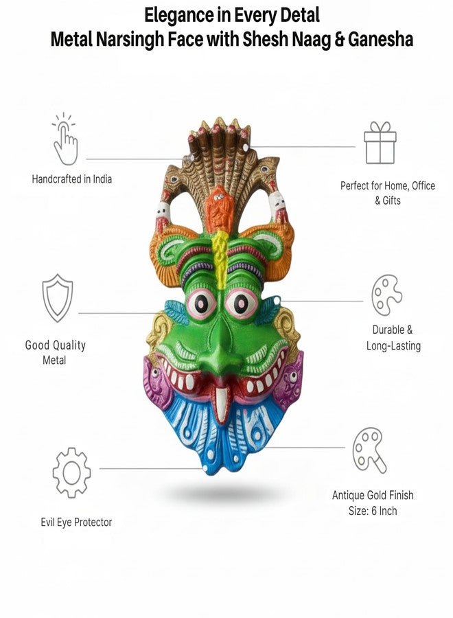 Salvus APP SOLUTIONS Sacred Guardian: Metal Narsingh Kirtimukha Wall Hanging with Shesh Naag & Ganesha Mask Wall Hanging Nazar Battu-Divine Protection and Evil Eye Shield for Your Home (Green_6 INCH) - Image 3
