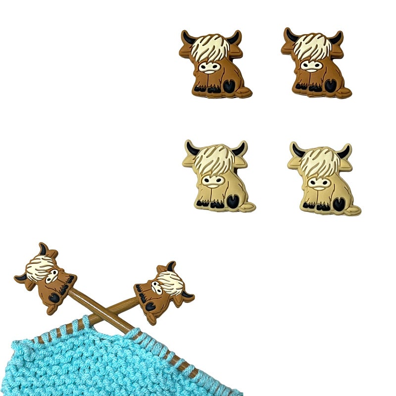 SPANSEE 4 PCS Highland Cow Shape Stitch Stoppers, Knitting Needle Stoppers, Knitting Needle Point Protectors, Knitting Needle End Caps, Knitting Notions fit Size 3-13 (3.25mm-9mm) Needles - Image 1