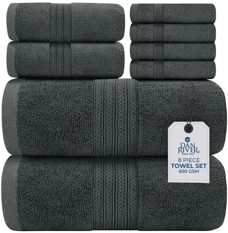 DAN RIVER 8 PC Luxury Bath Towels for Bathroom 2 Bath 2 Hand and 4 Wash Cloths 600 GSM 100 Ring Spun Cotton Towel Set Highly Absorbent Gym Hotel and Spa Grey