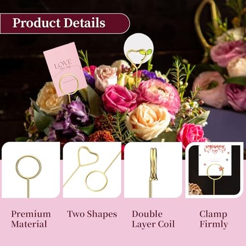 VYNFLICK Floral Card Holder: 120 Pcs Flower Place Card Holder Picks 12.6 inch Gold Gift Photo Holders for Bouquets Wedding Tables Display Centerpieces - Image 3