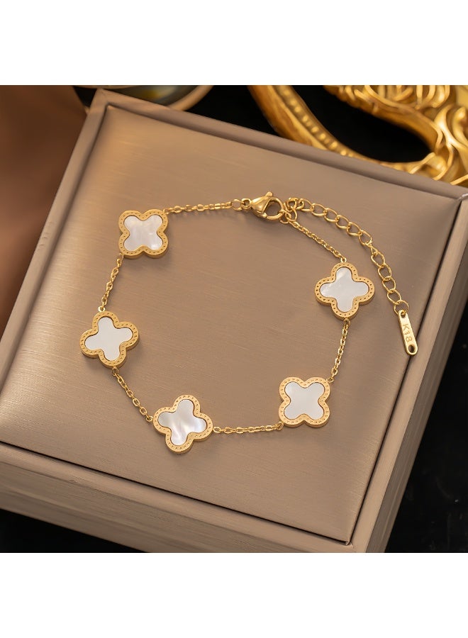 Lee Yon Gold Bracelets for Women, 18K Gold Plated Clover Bracelet for Women Lucky Four Leaf Link Bracelets Jewelry Gifts Trendy for Women Teen Girls, Gold/White - Image 1