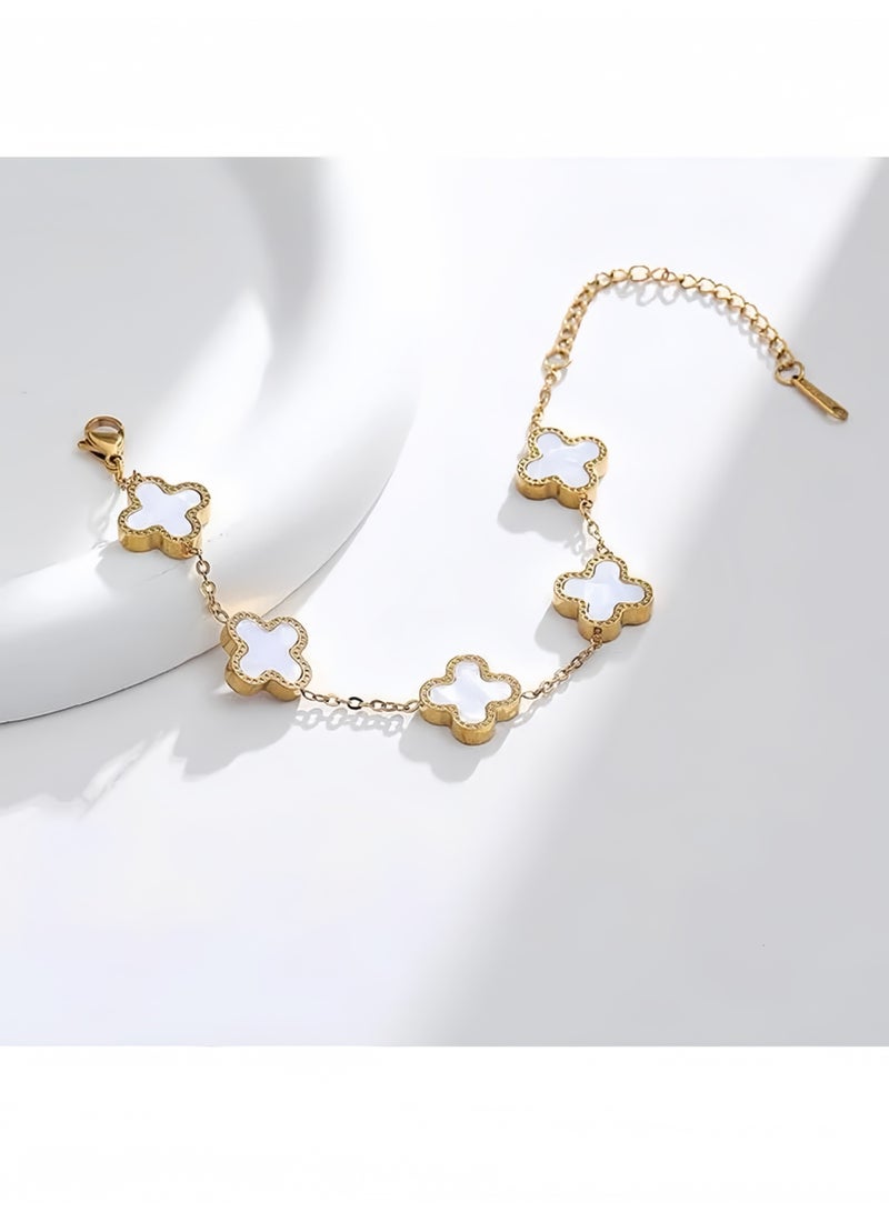 Lee Yon Gold Bracelets for Women, 18K Gold Plated Clover Bracelet for Women Lucky Four Leaf Link Bracelets Jewelry Gifts Trendy for Women Teen Girls, Gold/White - Image 3