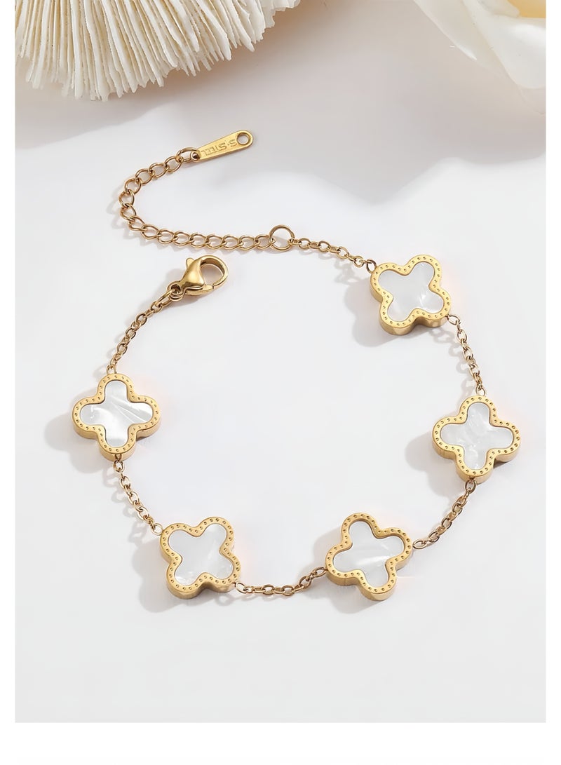 Lee Yon Gold Bracelets for Women, 18K Gold Plated Clover Bracelet for Women Lucky Four Leaf Link Bracelets Jewelry Gifts Trendy for Women Teen Girls, Gold/White - Image 4