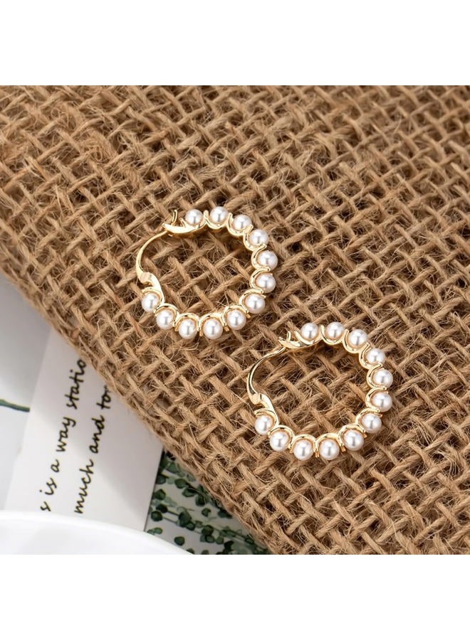 RONLLNA Pearl Hoop Earrings for Women Fashion Dangle Hypoallergenic Layer Earrings Drop Dangle Earrings Gifts for Women, Metal Pearl - Image 2