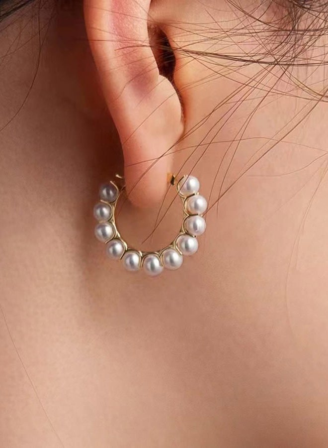 RONLLNA Pearl Hoop Earrings for Women Fashion Dangle Hypoallergenic Layer Earrings Drop Dangle Earrings Gifts for Women, Metal Pearl - Image 4