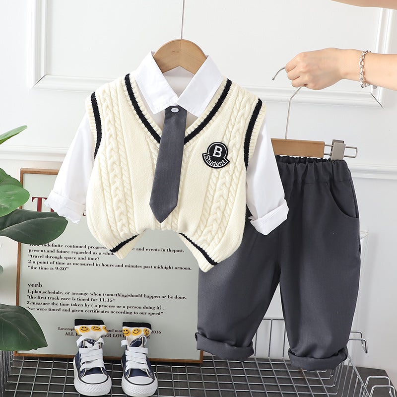 Spring and Autumn New Western style baby girl striped tie vest long sleeve three-piece suit fashion autumn childrens clothing boy suit Boy