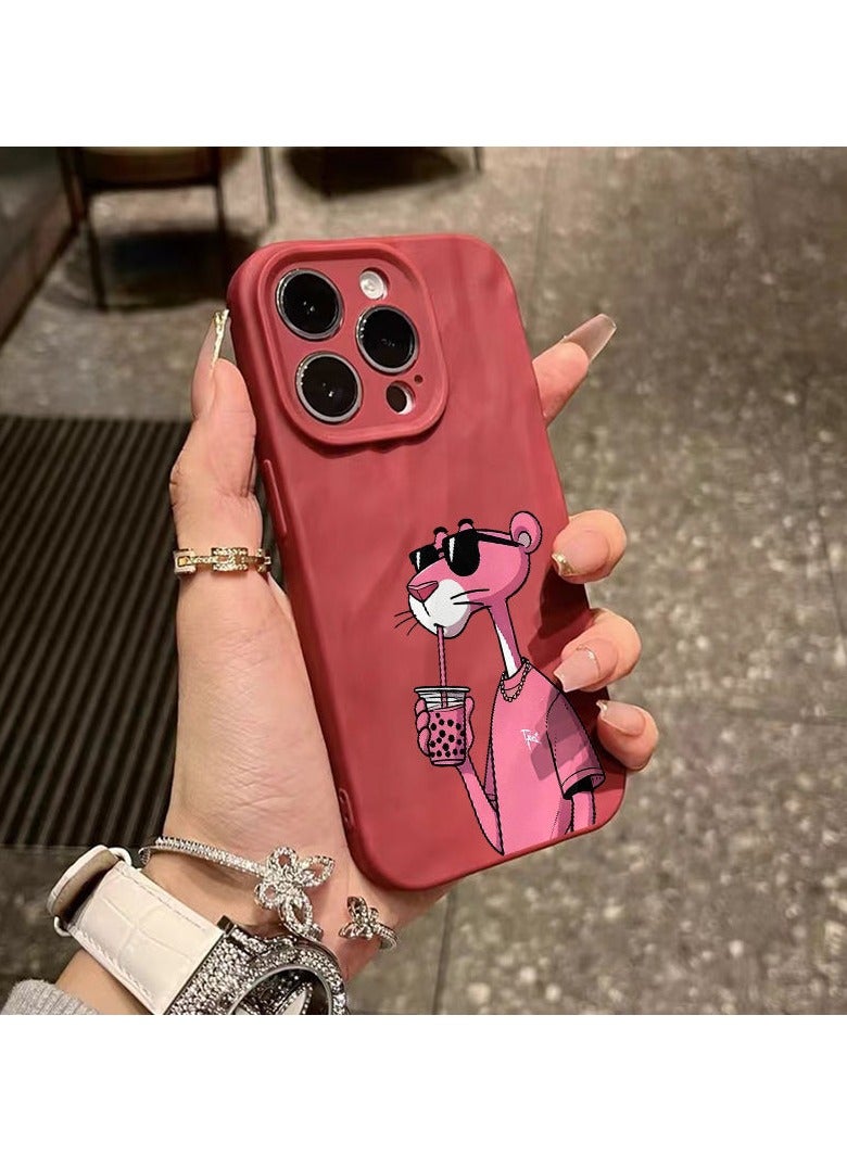 NIBEMINENT Drink Milk Tea Pink Panther Protective TPU Case Cover For IPhone 16 Pro, Wine Red