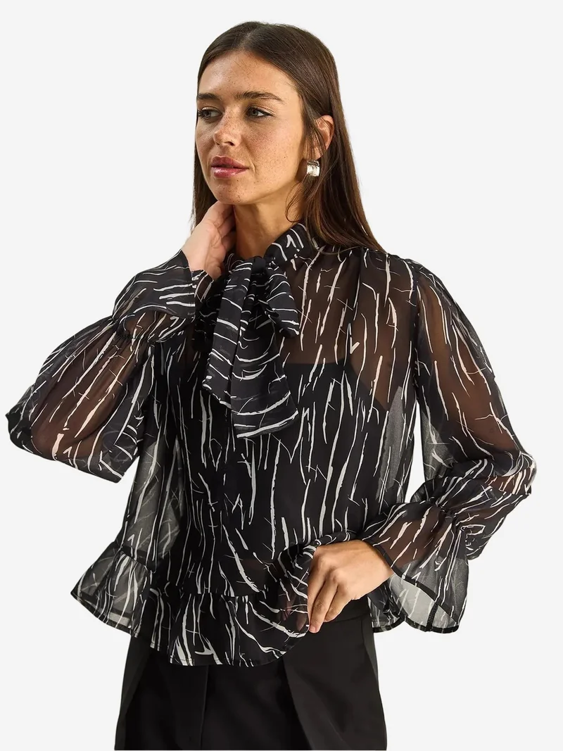 Bianco Lucci LUCCI Abstract Print Choker Collar Chiffon Blouse with Tie Detail