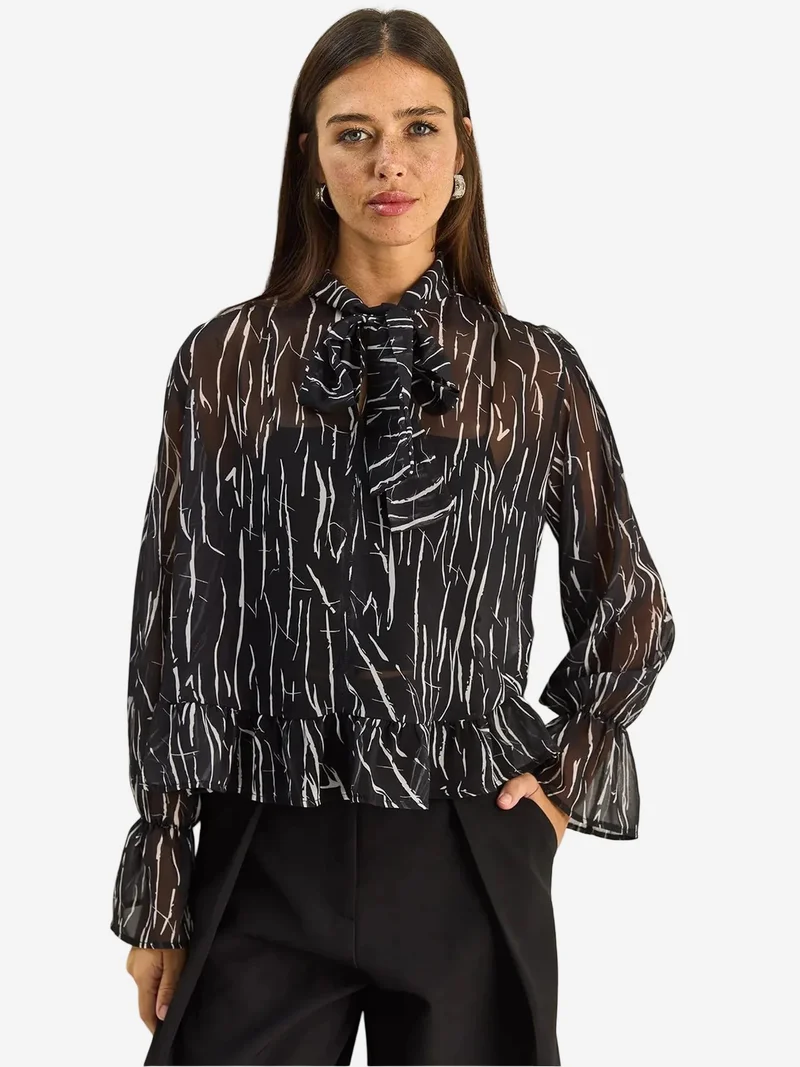 Bianco Lucci LUCCI Abstract Print Choker Collar Chiffon Blouse with Tie Detail