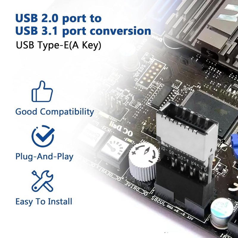 Catuy USB 2.0 to USB 3.2 Gen 1 Header Adapter, Mainboard 9 Pin Male to USB 3.1 Type-E (A-Key) Female Converter for Extending USB C Ports on Front Panel of PC (2 Pack) - Image 3