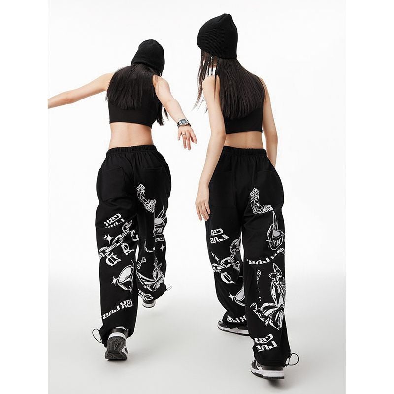 American Retro High Street Sport Sweatpants Loose Straight Leg High Waist Printed Casual Pants Women Trendy High Street Black Thin [Summer Thin]] 