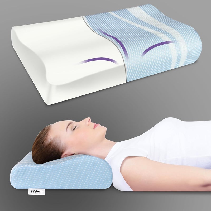 LIFEBERG LIFEBERG Memory Foam Premium Bed Pillow Orthopedic Contour Cervical Pillow for Neck Shoulder Pain Relief for Curve Neck and Shoulder Adjust Support Sky Blue - Image 1