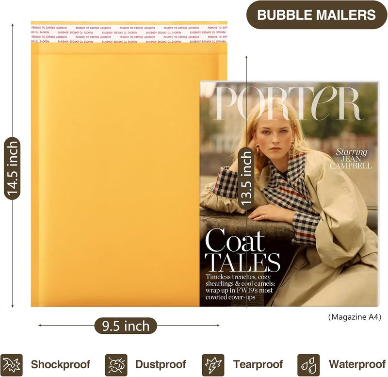 UCGOU Kraft Bubble Mailers 9.5x14.5 Inch 25 Pack Usable Size 9.5x13.5 Yellow Padded Envelopes #4 Large Mailing Package Self Sealing Tear Resistant Boutique Bulk Mail Shipping Bag for Makeup Supplies - Image 2