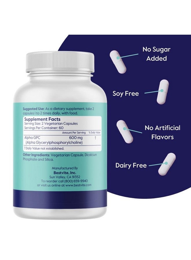 بست فايت BESTVITE Alpha GPC 600mg لكل وجبة (240 كبسولة نباتية) (120 × 2) - بدون ستيرات - نباتي - غير معدّل وراثيًا - خالٍ من الجلوتين - Image 2