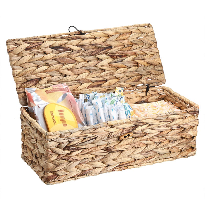 Sumnacon Wicker Storage Basket with Lid Rectangle Wicker Basket with Lid for Toiletries Tampon Storage,Toilet Tank Topper Basket Water Hyacinth Storage Baskets for Shelf Bathroom Toilet Table - Image 1