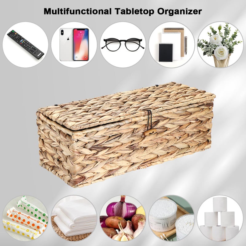 Sumnacon Wicker Storage Basket with Lid Rectangle Wicker Basket with Lid for Toiletries Tampon Storage,Toilet Tank Topper Basket Water Hyacinth Storage Baskets for Shelf Bathroom Toilet Table - Image 5