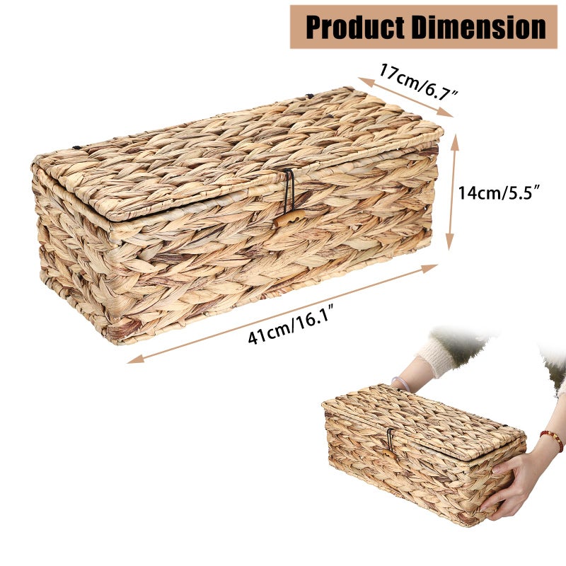 Sumnacon Wicker Storage Basket with Lid Rectangle Wicker Basket with Lid for Toiletries Tampon Storage,Toilet Tank Topper Basket Water Hyacinth Storage Baskets for Shelf Bathroom Toilet Table - Image 3
