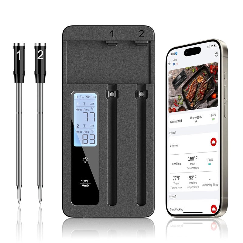 ROUUO Smart Wireless Meat Thermometer with Dual Probes - Advanced Bluetooth Cooking Thermometer for Perfect Grilling, Smoking, Oven Roasting & Air Frying, Long Range Monitoring & Smart Alerts - Image 1