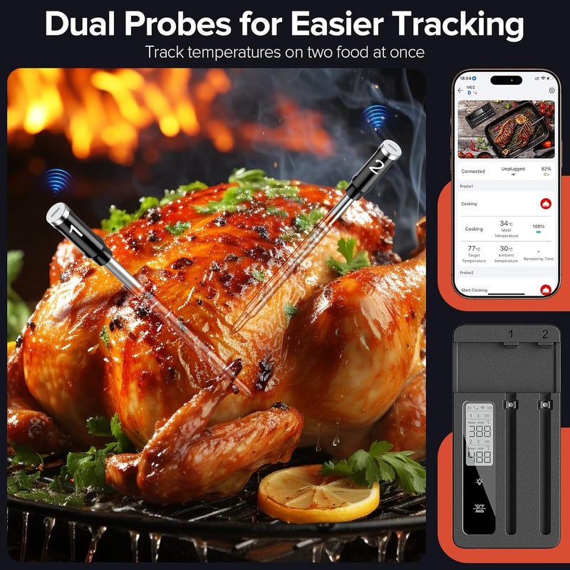 ROUUO Smart Wireless Meat Thermometer with Dual Probes - Advanced Bluetooth Cooking Thermometer for Perfect Grilling, Smoking, Oven Roasting & Air Frying, Long Range Monitoring & Smart Alerts - Image 4