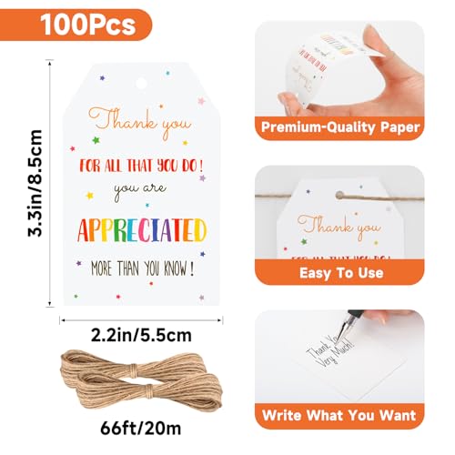 Anwyll Thank You Gift Tags - 100Pcs Thank You for All You Do Tags with String Teacher Appreciation Thanks You Gifts Tags for Favor Colorful Star Hang Paper Gift Tag for Employee Volunteer Nurse Doctor - Image 3