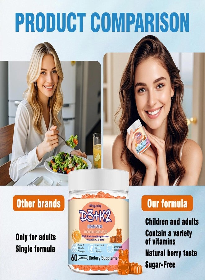 Misyvoing Vitamin D3 K2 Sugar-Free Gummies,Vitamin D3 10000 IU with K2 200mcg,VitaminC,Calcium,Magnesium,Zinc,Support for Bones,Joints,Muscles,Nerves,and Immune System (60, Orange) - Image 2